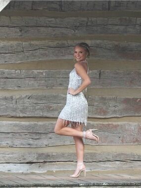 Silver Sequin Fringe Mini Dress - Aleta style #780